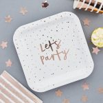 'Let's party' rosegold pöttyös papír tányér